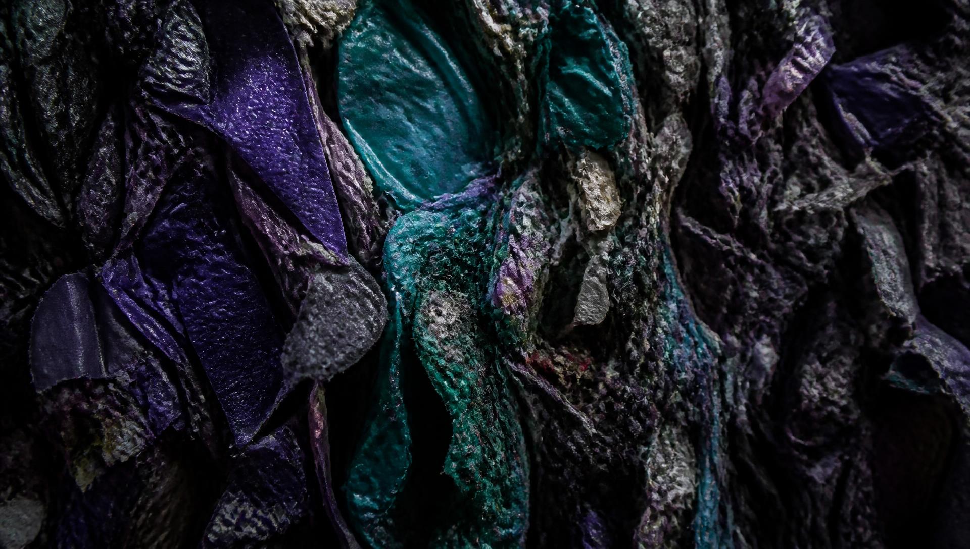 Macro de material pós-consumo triturado, em tons de violeta e turquesa